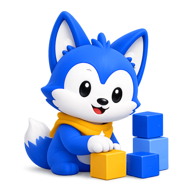 DoodleByte mascot playing with building blocks